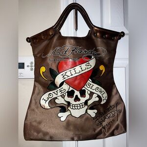 Ed Hardy Brown Tote with Red Heart & Skull Graphic